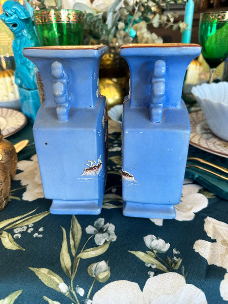 Vintage Vases, Periwinkle Blue Moriage Handled Vases, Peach Lustre Interior EACH SOLD SEPARATELY