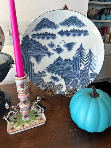 Vintage Charger, Platter, Blue and White, Asian Landscape Scene, Signed by artist, Porcelain