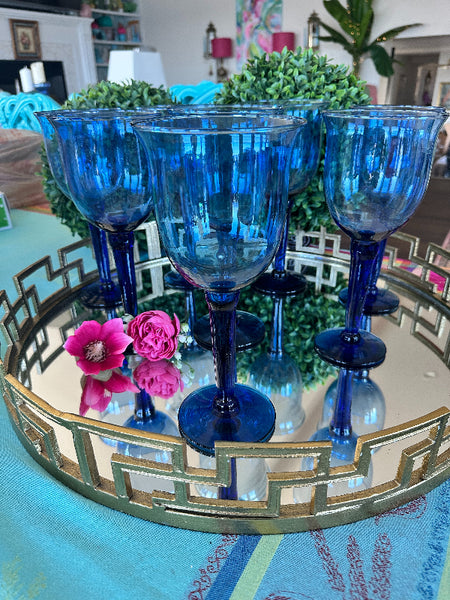 Vintage Wine Glasses, Hand Blown, Stemmed, Blue Glass