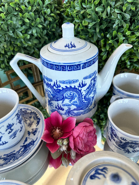Vintage  Tea Set, Blue and White Dragon China, 6 Cups, 4 Bowls, Sugar, Creamer