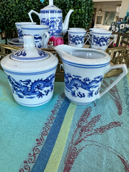 Vintage  Tea Set, Blue and White Dragon China, 6 Cups, 4 Bowls, Sugar, Creamer