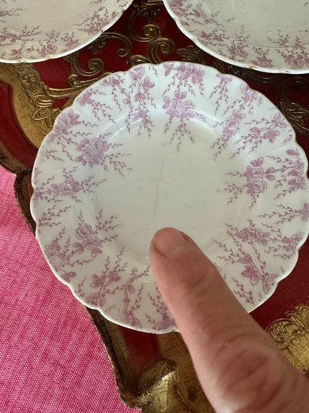 Antique Berry Bowls and Dessert Plates, Pink Floral, Stamped on Back, 4 Bowls (1 cracked), 11 Plates (2 cracked)