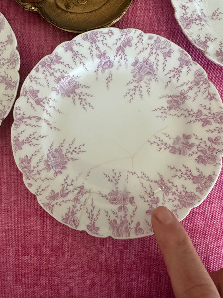 Antique Berry Bowls and Dessert Plates, Pink Floral, Stamped on Back, 4 Bowls (1 cracked), 11 Plates (2 cracked)