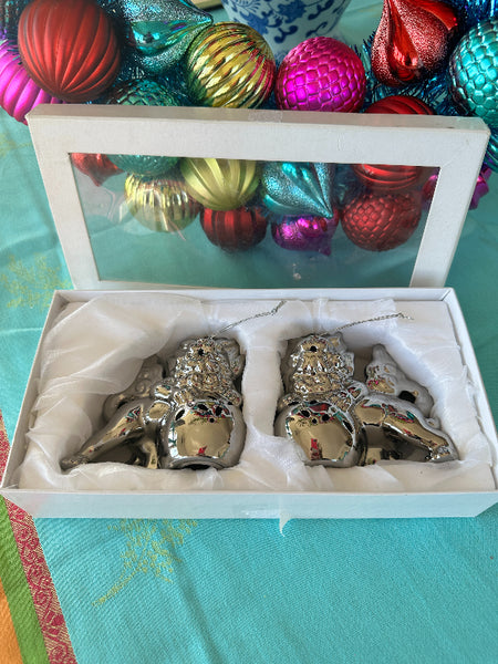 Vintage Foo Dog Ornaments - In Original Box, SIlver Ceramic, Z Gallerie Pair