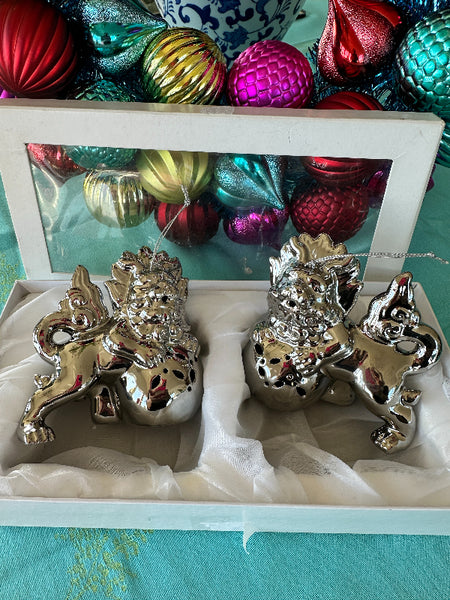 Vintage Foo Dog Ornaments - In Original Box, SIlver Ceramic, Z Gallerie Pair