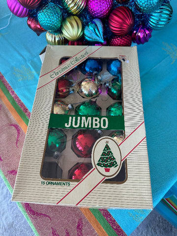 Vintage Jumbo ornaments in box - 13 Ornaments Assorted Colors