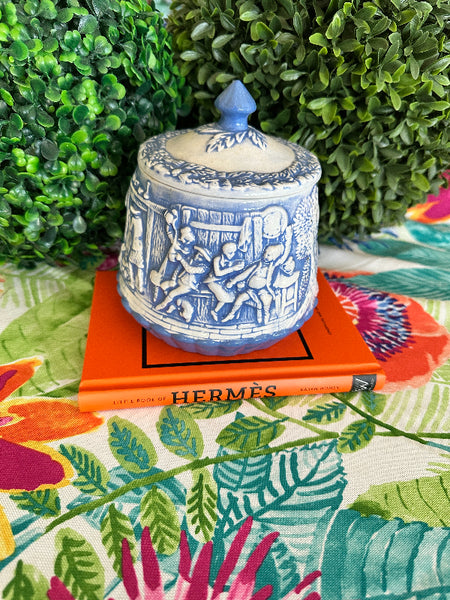 Vintage Canister, Old Colonial Mythical Mermaids Unicorn Blue and White