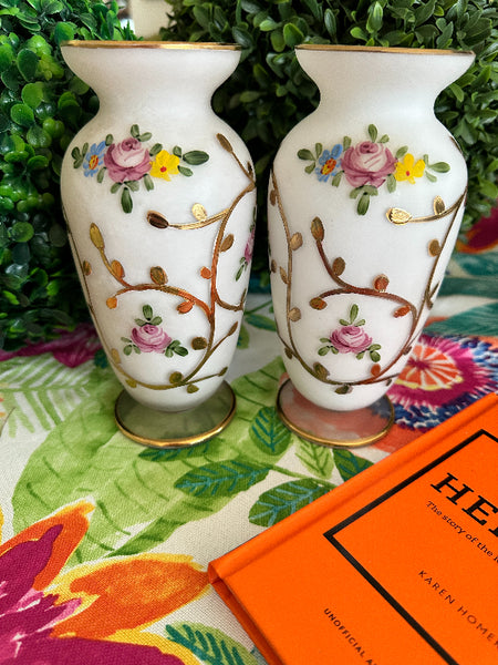 Vintage Vases, Hand Painted, White Frosted Glass, Floral and Gold