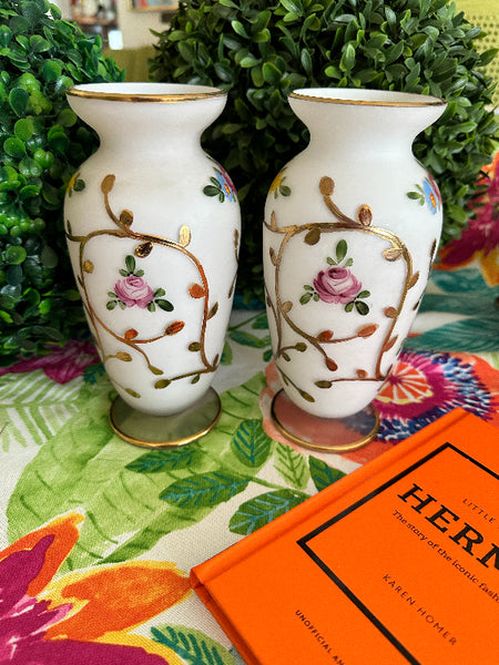 Vintage Vases, Hand Painted, White Frosted Glass, Floral and Gold