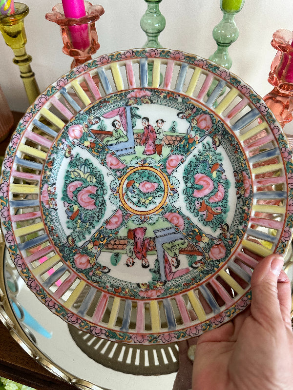 Vintage Plate, Famille Rose Medallion, Reticulated , 2 Available