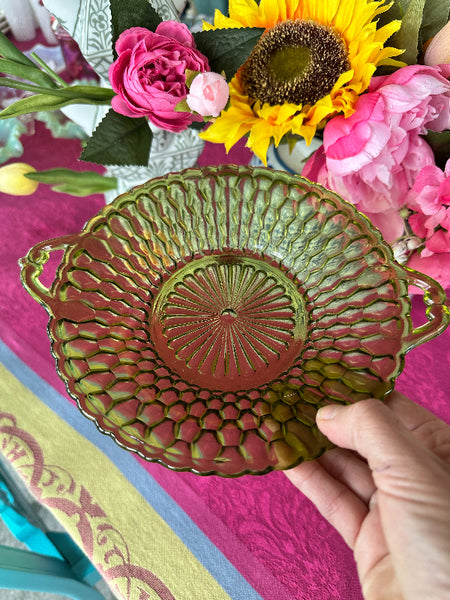 Vintage Relish Candy Dish Indiana Glass Honeycomb Pattern Avocado Green
