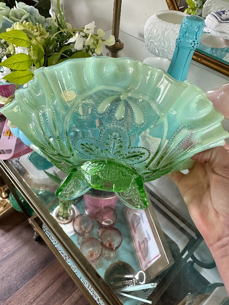Vintage Footed Bowl Jefferson Glass Green Opalescent Meander Circa 1905