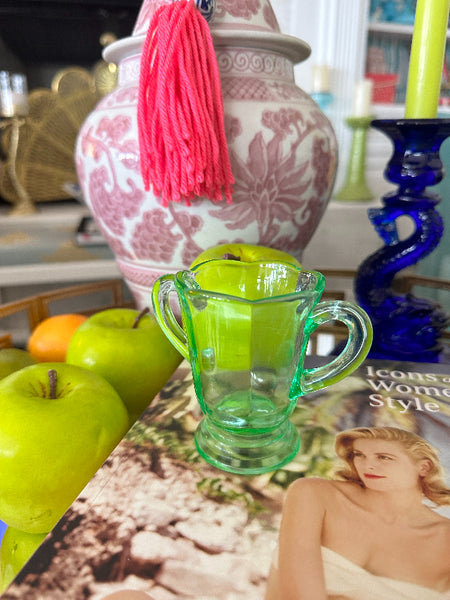Vintage Green Uranium Glass 2 Handled Vase, Creamer