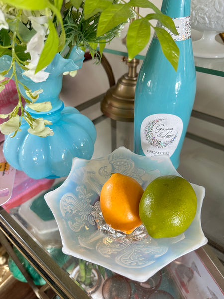 Antique glass bowls, Northwood Inverted Fan and Feather White Opalescent Footed Card Receiver