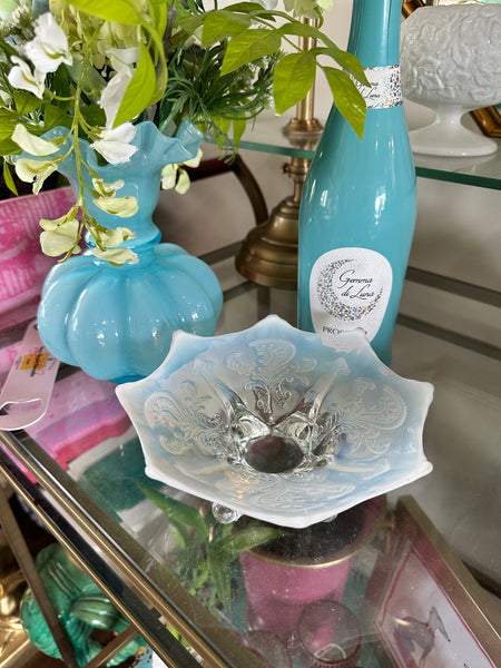Antique glass bowls, Northwood Inverted Fan and Feather White Opalescent Footed Card Receiver