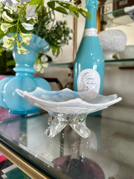 Antique glass bowls, Northwood Inverted Fan and Feather White Opalescent Footed Card Receiver