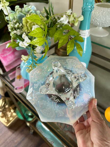 Antique glass bowls, Northwood Inverted Fan and Feather White Opalescent Footed Card Receiver