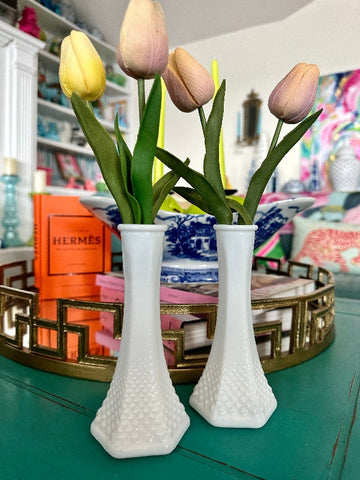 Vintage Brody Milk Glass Vases, Diamond Pattern, Pair