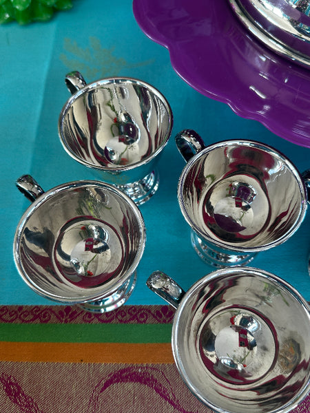 Vintage Punch Bowl Set, Silverplate, E.P Japan, Pedestal Bowl, !2 Handled Cups and Ladle, Rose Detail