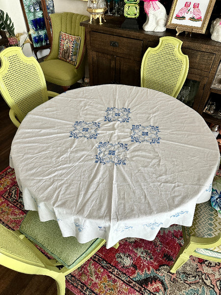 Vintage Tablecloth, Blue and White Cross Stitch Round  60"