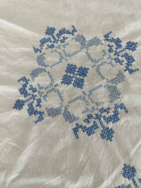 Vintage Tablecloth, Blue and White Cross Stitch Round  60"