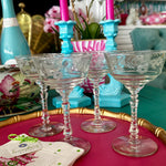 Vintage Champagne Coupes by Libby Sharp styled on a hot pink tray with cocktail napkins and champagne