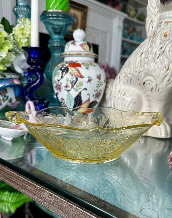 Vintage Depression Glass Serving Bowl in yellow displayed on a styled table
