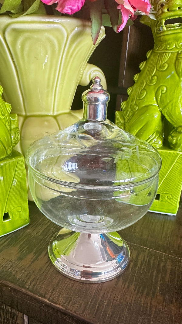 Vintage Duchin Candy Dish with etched glass flowers and sterling silver base and top styled on a table