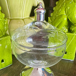 Vintage Duchin Candy Dish with etched glass flowers and sterling silver base and top styled on a table