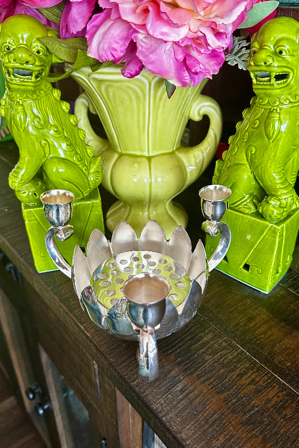 Vintage Flower Frog in silverplate styled on a table