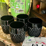 Vintage Glass Tumblers Set by Indiana Glass in Black with a diamond pattern styled on a bar
