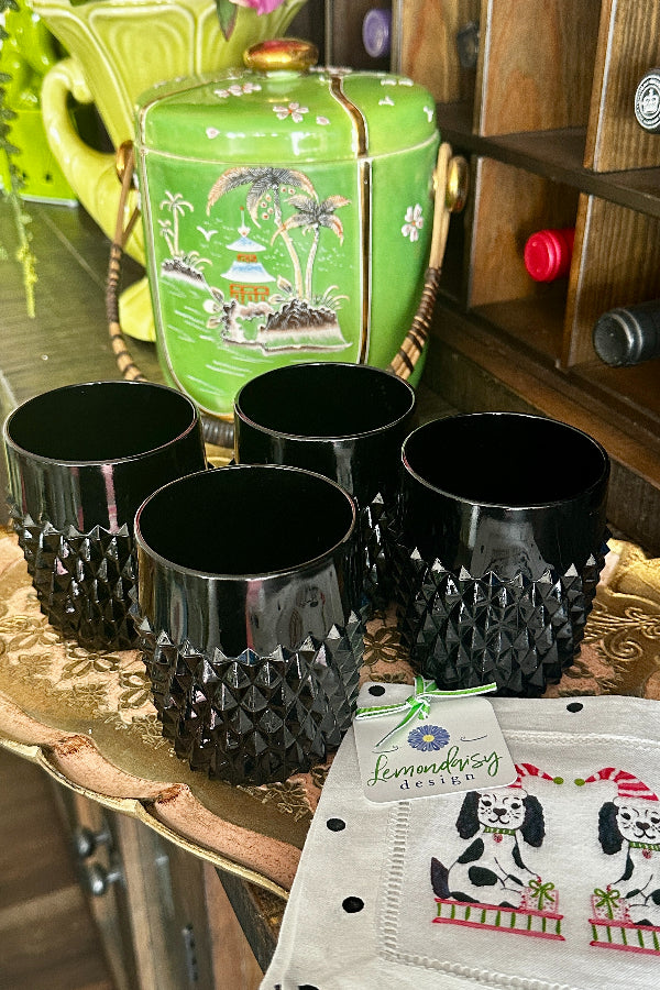 Vintage Glass Tumblers Set by Indiana Glass in Black with a diamond pattern styled on a bar

