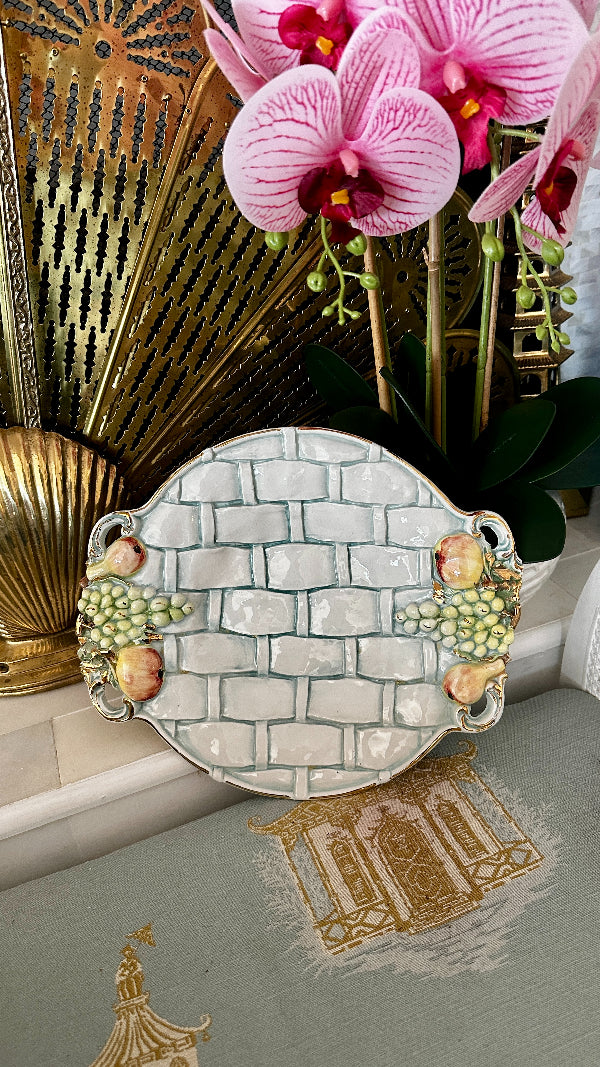 Vintage Italian Platter - Ceramic basketweave and fruit motif in a pale blue hue styled on a plate stand