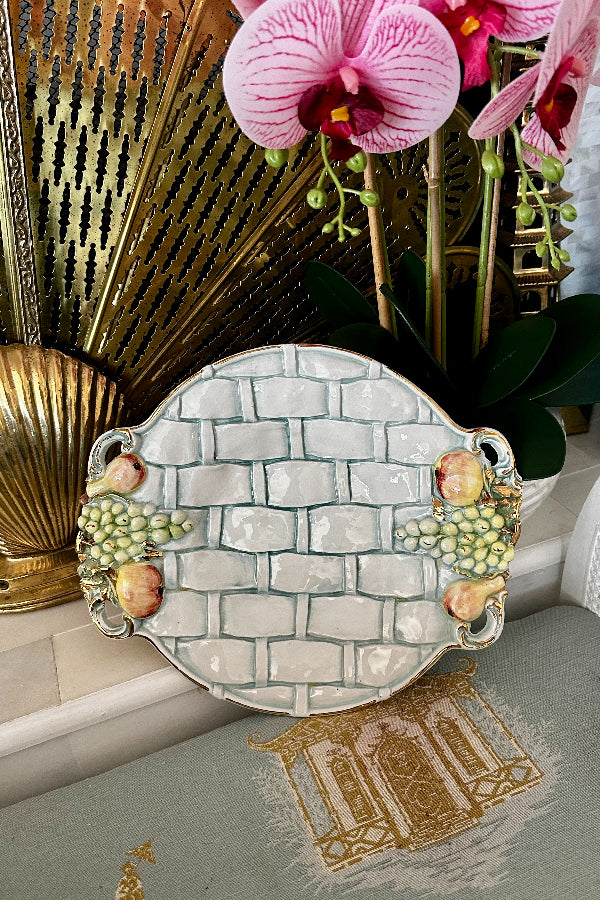 Vintage Italian Platter - Ceramic basketweave and fruit motif in a pale blue hue styled on a plate stand