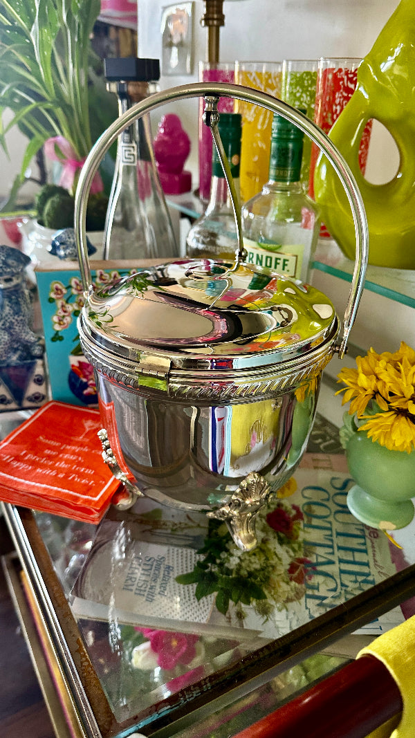 Vintage Silverplate Ice Bucket - hinged with ornate footed detail styled on a bar cart