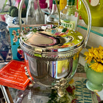 Vintage Silverplate Ice Bucket - hinged with ornate footed detail styled on a bar cart