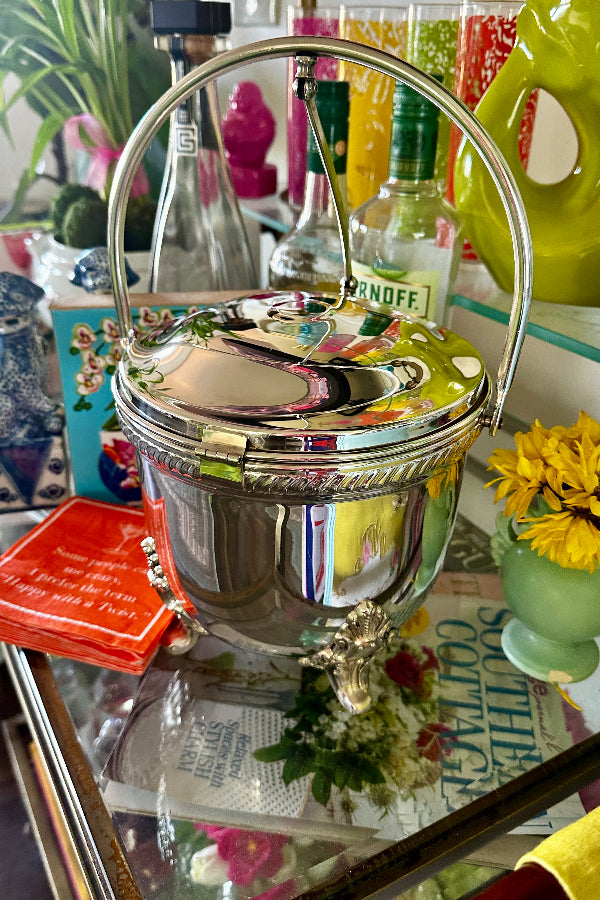 Vintage Silverplate Ice Bucket - hinged with ornate footed detail styled on a bar cart