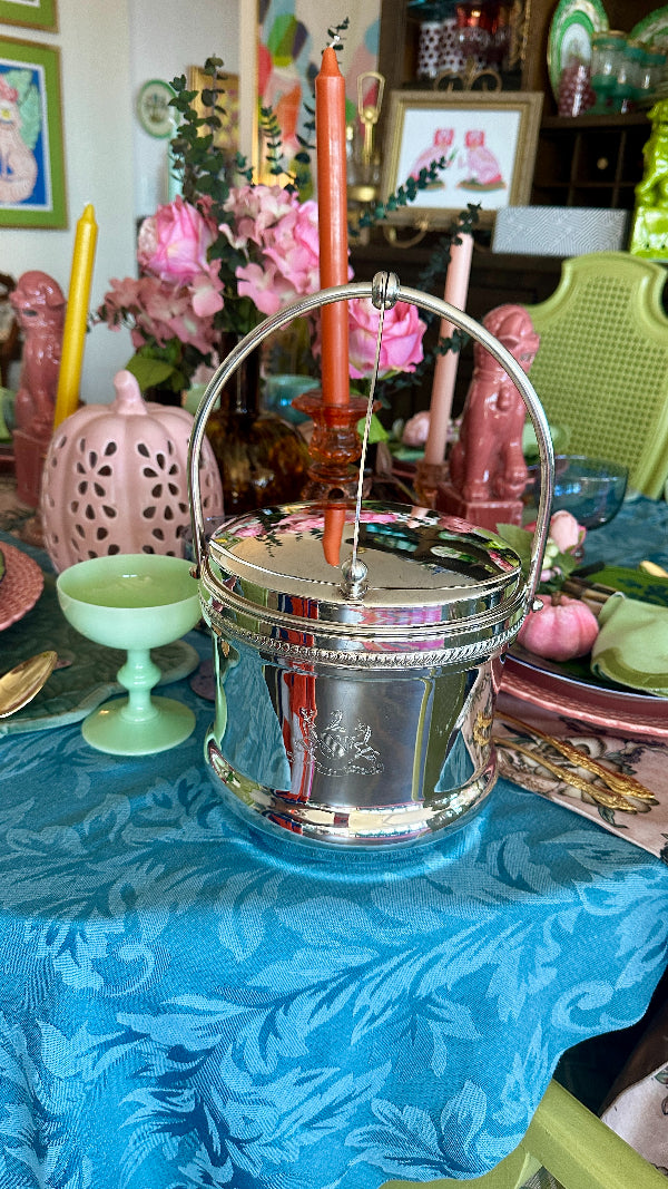 Vintage Silverplate Ice Bucket with a n engraved coat of arms  styled onn a dining tablescape