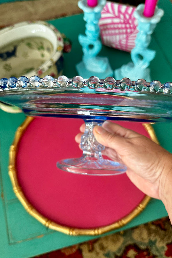 cake stand blue glass hobnail detail