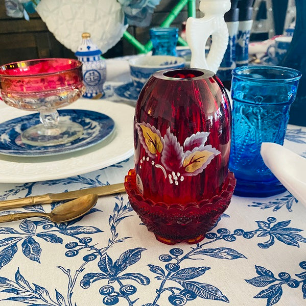 Fenton Glass Fairy Lamp - Red Glass Poinsettia Pattern, Signed and Hand Painted