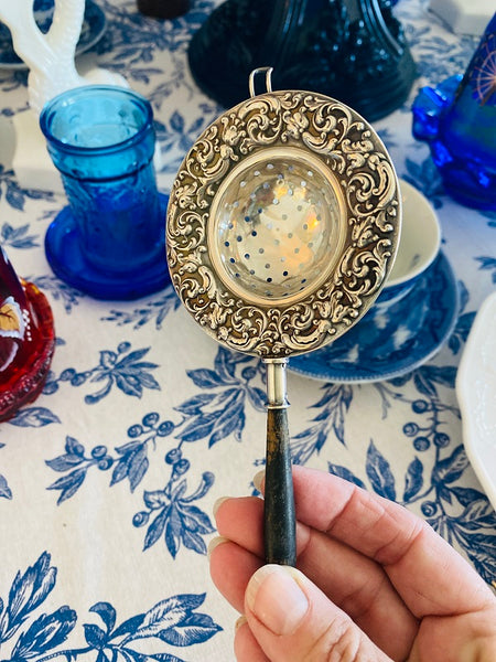 Sterling Silver Scrolled Tea Strainer with Wooden Handle