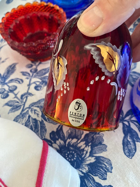 Fenton Glass Fairy Lamp - Red Glass Poinsettia Pattern, Signed and Hand Painted