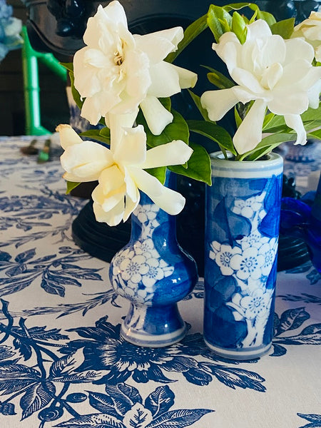 Vintage Chinoiserie Cherry Blossom Vases - Mini Blue and White, pair, bud vases