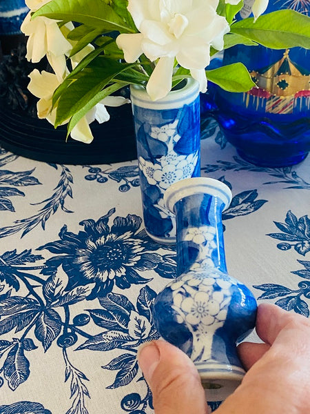 Vintage Chinoiserie Cherry Blossom Vases - Mini Blue and White, pair, bud vases