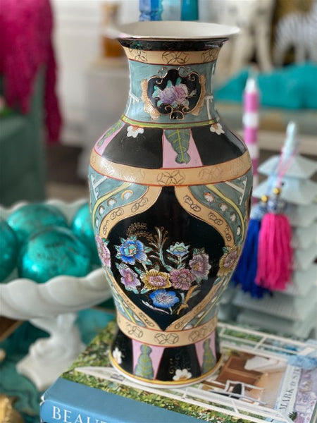 Vintage Black and Green Floral Asian Vase