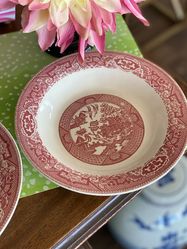 Porcelain Willow Ware By Royal China Pair Pink And White Willow