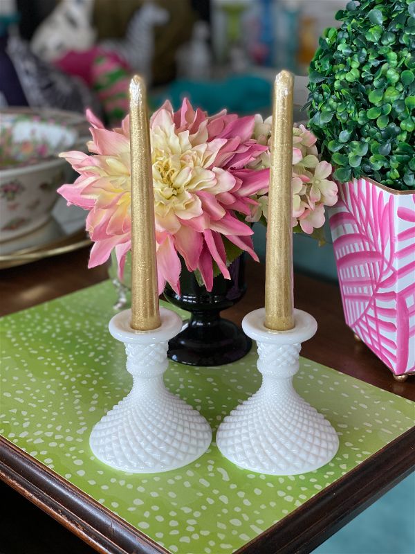 Pair of diamond cut milk glass candleholders