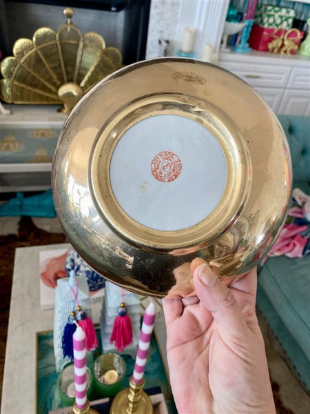 Vintage Asian Brass and Porcelain Yellow Floral  Shallow Bowl
