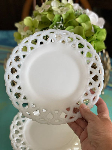 Set of 7 Milk glass Flower and Lace edge plates