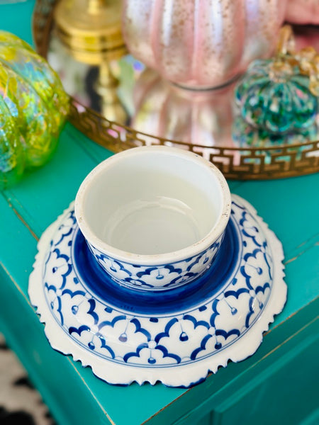 Vintage Footed Dish, Chinoiserie, Blue and White